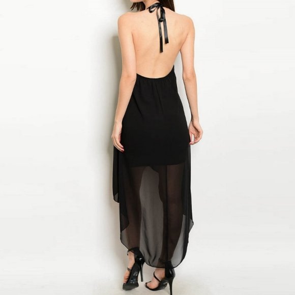 High Lo Tie Neck Embellished Halter Backless Dress - Picture 2 of 6